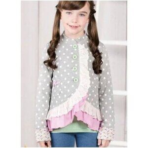Matilda Jane Lead the Way Jacket sz 8 Gray polka dot eyelet trim pink ruffle Adv